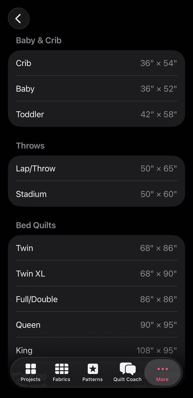 Standard Quilt Sizes screenshot